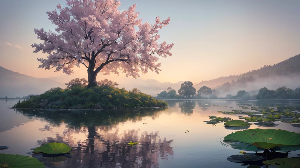 The photo depicts a peaceful scene with lotus flowers and lotus leaves on the water, perhaps a lotus pond. The air looks foggy, suggests a foggy early morning. Some pink lotus flowers are blooming, while the other flowers are still in bud form. Large green leaves float on the water, and there are reflections of flowers and leaves on the water. Rear, it looks like there is a willow tree hanging over the landscape, partly obscured by fog. This photo is interesting because it gives a feeling of peace and picturesqueness, evokes a feeling of stillness.