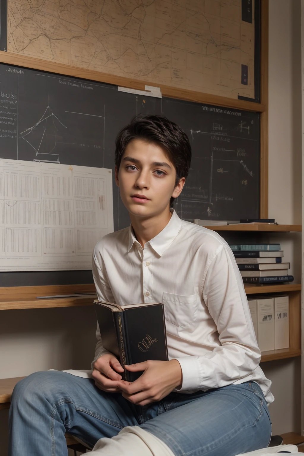 A cute, beautiful, black-haired male twink is wearing a luxurious, bright white, long-sleeved shirt and jeans. He is sitting in his office, studying passionately in a medical book, and behind him is a blackboard with a mental map of calculus written on it. He looks in amazement and shock, and his eyes have dark circles under them.