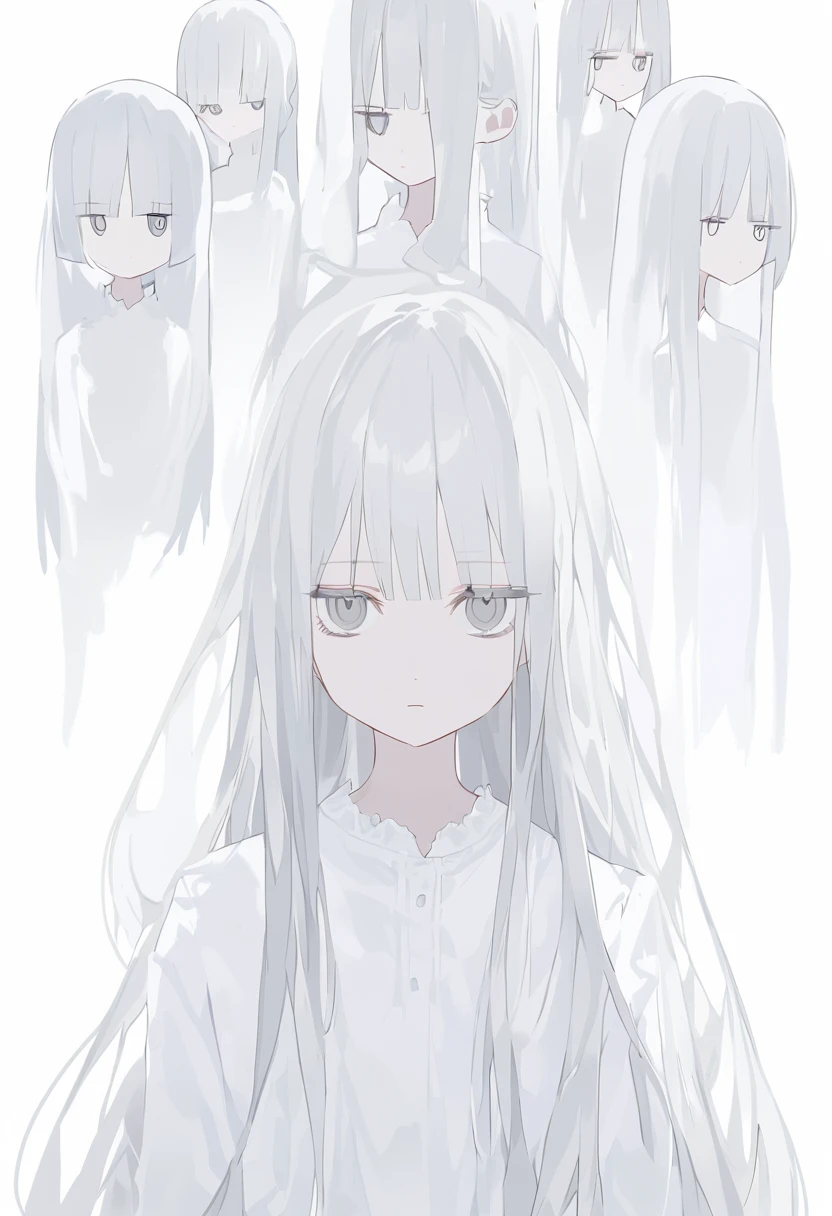 blank paper、Girl、Gray Hair、Long Hair、White eye color、All eyes are white、全体的に白いGirl、白いGirl、White background、白のGirl、White Room、blank paperのGirl、Emotionless、Expressionless
