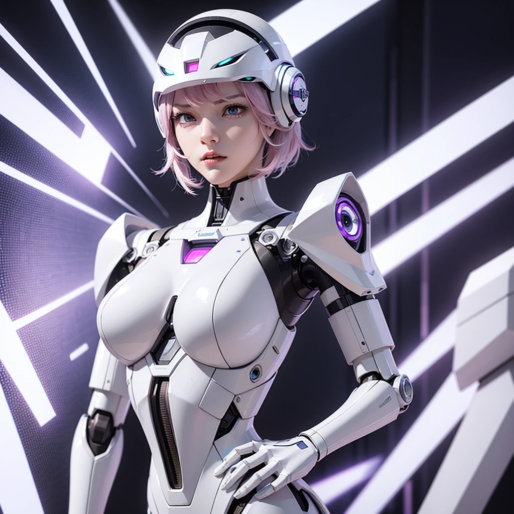 a girl with a full white cyborg body, featuring sleek and high-tech components. She has short pink hair, purple eyes, and an angry expression. She is wearing a robot mask that partially obscures her face, with her polished mechanical limbs and torso emphasizing her intense emotions. ((white robot mecha helmet)), ((white cyborg body))