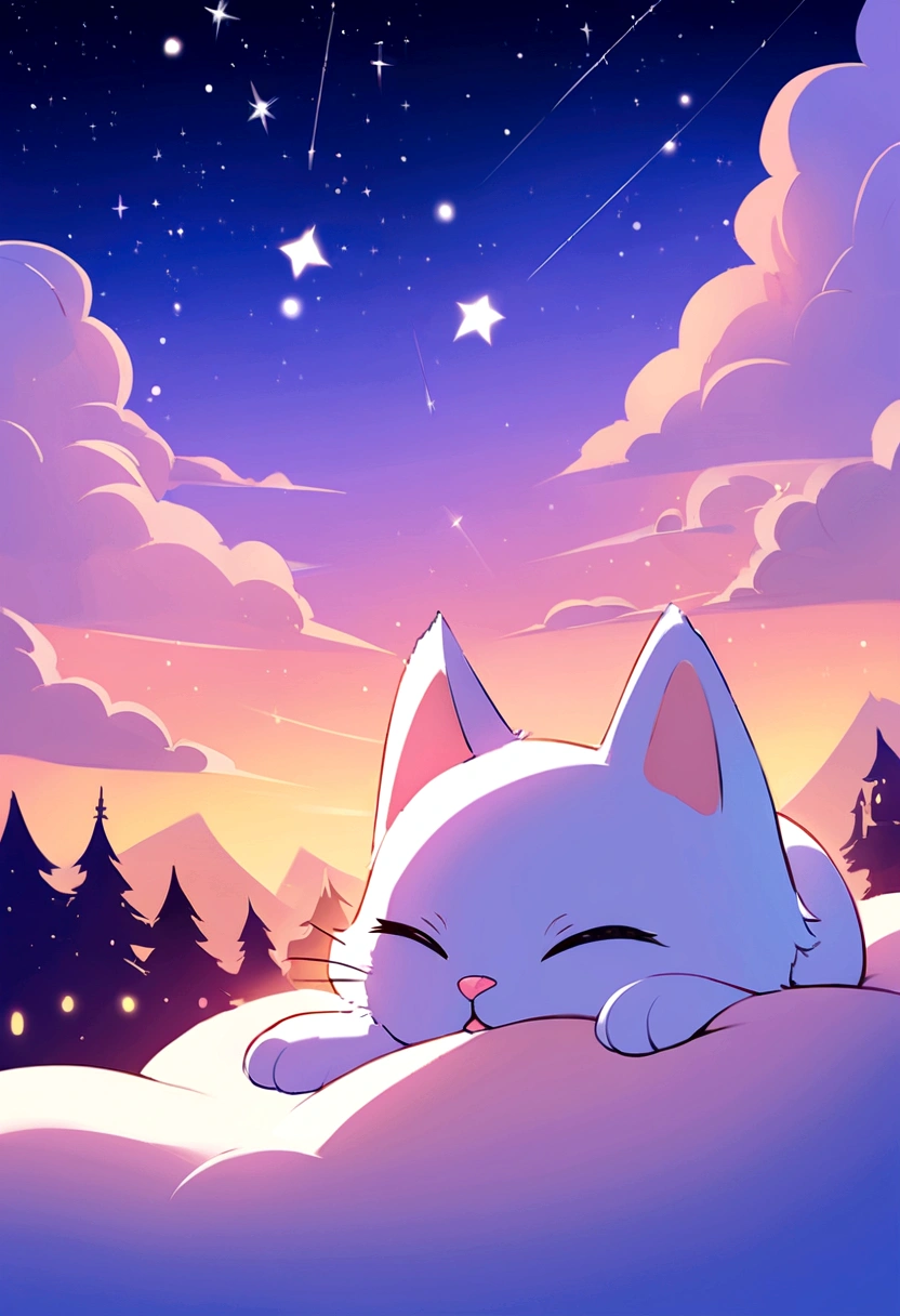 Please draw a picture that meets the following conditions.
The angle of view is a close-up,HD, Disney Pixar style, digital painting, natural lighting, rich background, edge lighting, dreamy color tone, color palette, aspect ratio 16:9This picture depicts a small orange-and-white cat lying peacefully on a cloud that looks like snow, with its eyes closed, as if enjoying a sweet dream. The cat’s expression is very calm and content, with its mouth corners slightly turned up as if it’s smiling. The background of the painting is a dreamlike starry sky, adorned with dangling stars and soft halos, some of which connect with graceful lines to create a quiet and peaceful night atmosphere.The overall style can be described as full of fantasy and fairy-tale colors. The entire image is dominated by warm and bright colors, The use of color is soft and layered; the orange and white cat contrasts sharply with the dark blue and purple background, creating a warm versus cool tone that enhances the snug feel of the picture.presenting a peaceful, warm, and pleasant feeling that makes one’s mood very relaxed and happy after looking at it. In addition, the details of the painting are exquisitely handled, such as the texture of the cat’s fur, the fluffiness of the clouds, and the twinkling starlight, all of which add to the picture’s delicacy and charm.
