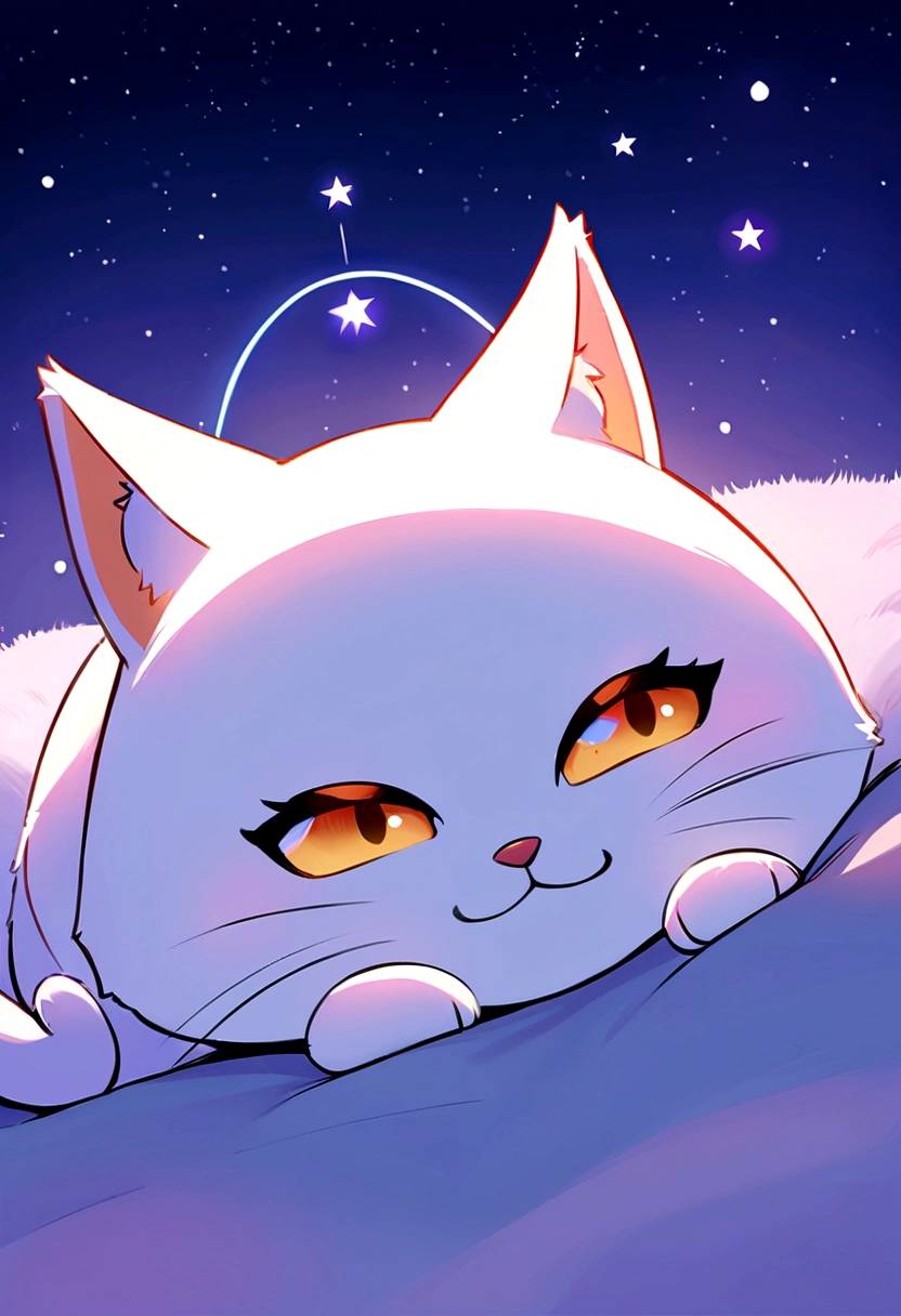 Please draw a picture that meets the following conditions.
The angle of view is a close-up，HD, Disney Pixar style, digital painting, natural lighting, rich background, edge lighting, dreamy color tone, color palette, aspect ratio 16:9This picture depicts a small orange-and-white cat lying peacefully on a cloud that looks like snow, with its eyes closed, as if enjoying a sweet dream. The cat’s expression is very calm and content, with its mouth corners slightly turned up as if it’s smiling. The background of the painting is a dreamlike starry sky, adorned with dangling stars and soft halos, some of which connect with graceful lines to create a quiet and peaceful night atmosphere.The overall style can be described as full of fantasy and fairy-tale colors. The entire image is dominated by warm and bright colors, The use of color is soft and layered; the orange and white cat contrasts sharply with the dark blue and purple background, creating a warm versus cool tone that enhances the snug feel of the picture.presenting a peaceful, warm, and pleasant feeling that makes one’s mood very relaxed and happy after looking at it. In addition, the details of the painting are exquisitely handled, such as the texture of the cat’s fur, the fluffiness of the clouds, and the twinkling starlight, all of which add to the picture’s delicacy and charm.