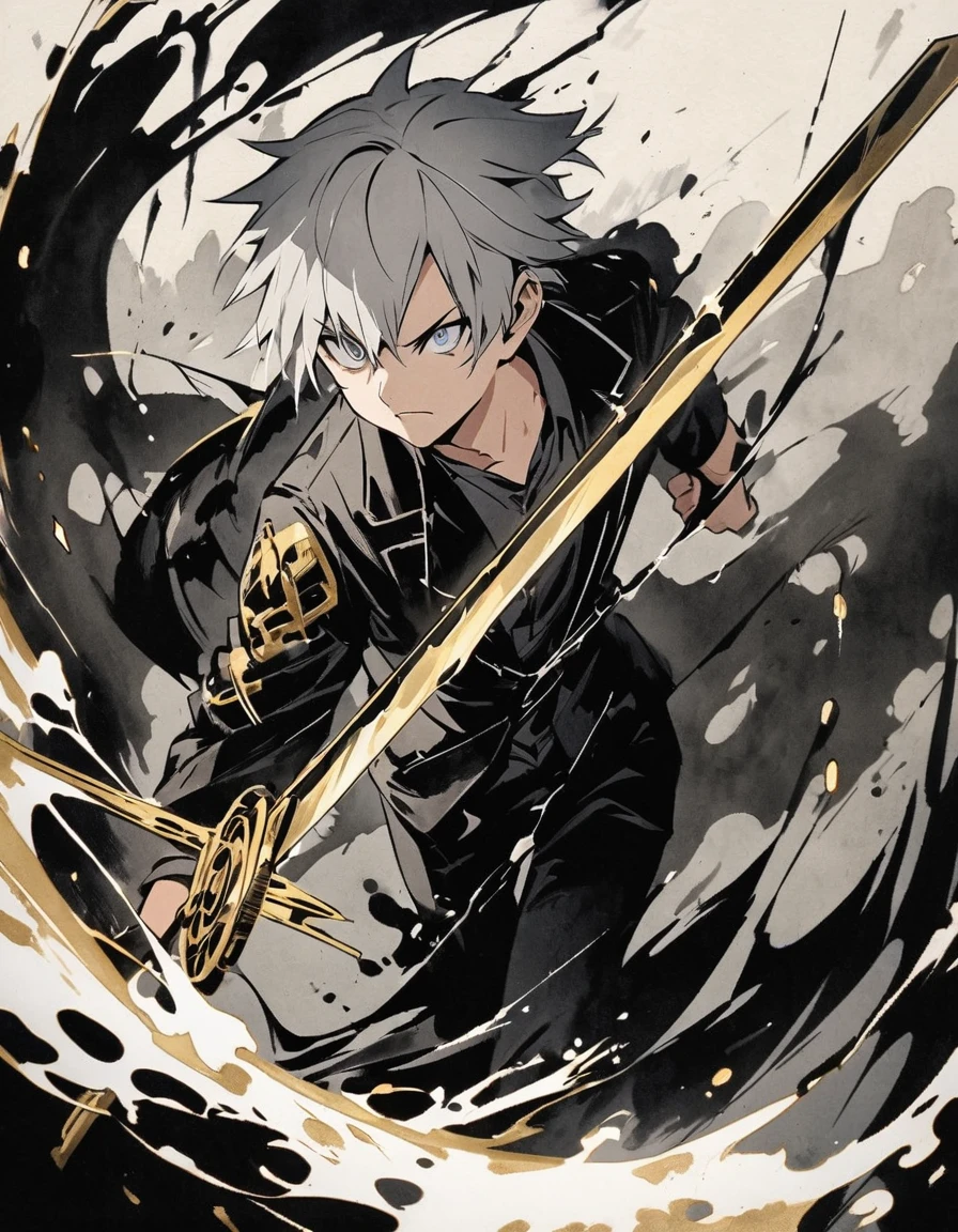 Short grey hair Sharp eyes　28 years old　Holding a golden long sword　Damaged black suit　Ink painting art　null
