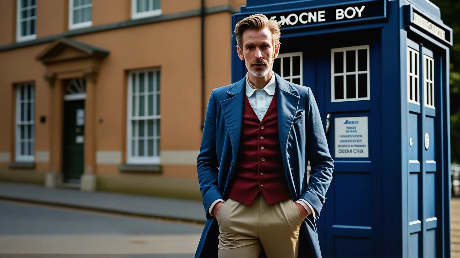 full body photo of a handsome English man, perto de uma TARDIS, (cru, analog, Nikon Z 85mm, fotografia premiada, ((melhor qualidade)), ((Obra de arte)), ((realista)), raios de luz radiante, high resolution, detailed facial features, Alto detalhe, sharp focus, suave, Aesthetics, extremamente detalhado, extremamente detalhado eyes, extremamente detalhado body, extremamente detalhado skin