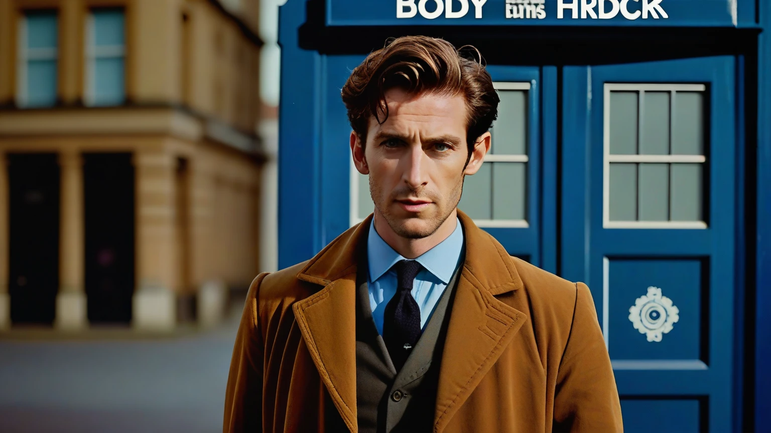 full body photo of a handsome English man, perto de uma TARDIS, (cru, analog, Nikon Z 85mm, fotografia premiada, ((melhor qualidade)), ((Obra de arte)), ((realista)), raios de luz radiante, high resolution, detailed facial features, Alto detalhe, sharp focus, suave, Aesthetics, extremamente detalhado, extremamente detalhado eyes, extremamente detalhado body, extremamente detalhado skin