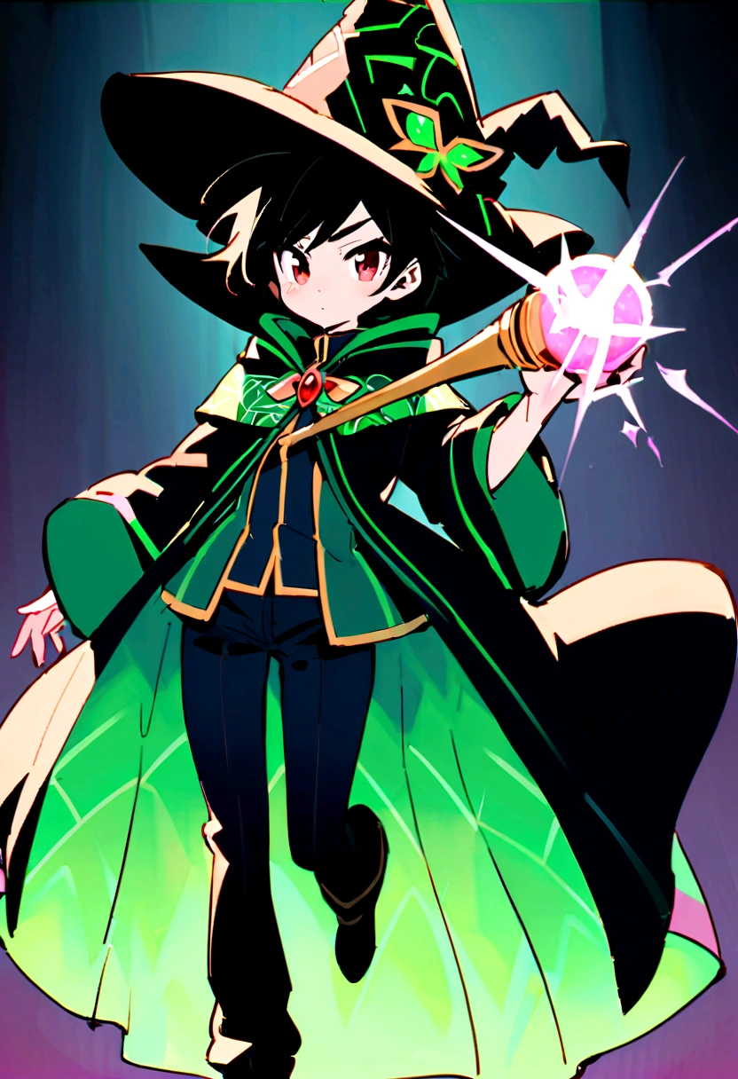 a magical girl with healing powers, red eyes, short black hair like a boy, wearing a black and green magical academic uniform with a wizard's hat and a large wand in her hand, wearing a cool black magic robe with green patterns, wear pants, short hair like a boy, tomboyish, sadistic, his hair is very short