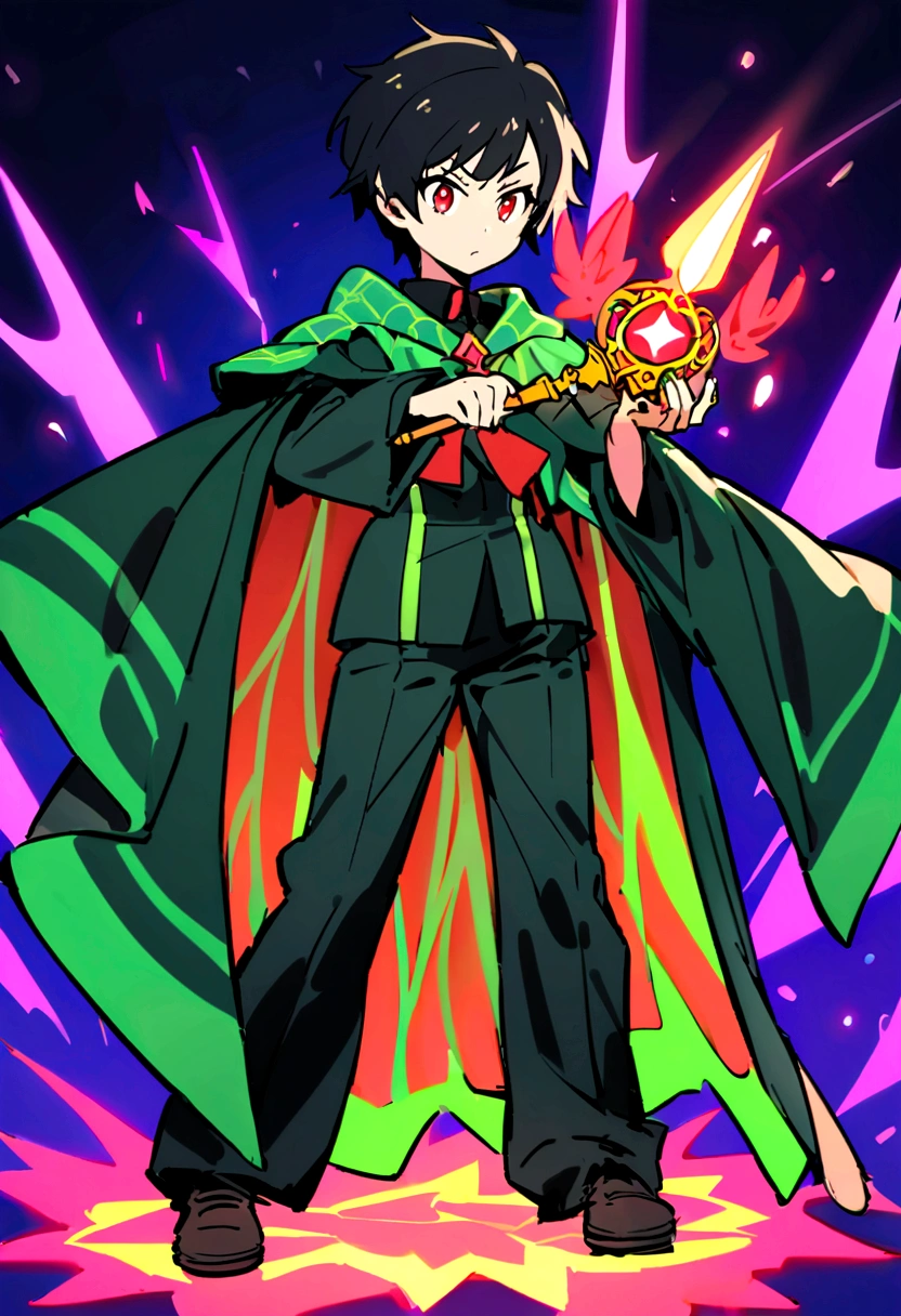 a magical girl with healing powers, red eyes, short black hair like a boy, wearing a black and green magical academic uniform with a wizard's hat and a large wand in her hand, wearing a cool black magic robe with green patterns, wear pants, short hair like a boy, tomboyish, sadistic, his hair is very short 