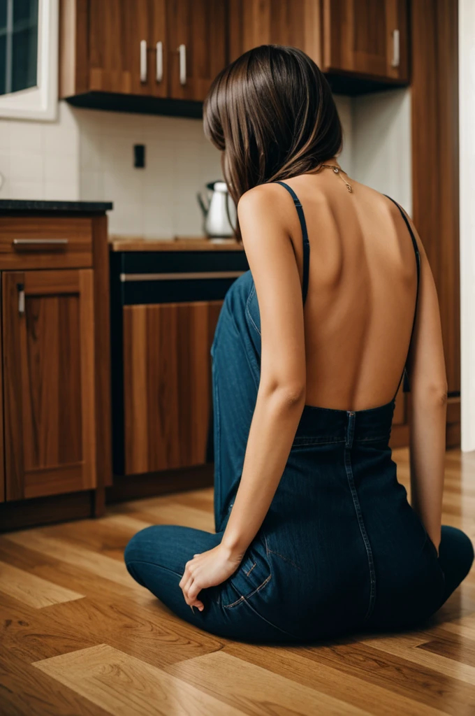 Woman from behind facing with lasanos on the floor and knees too