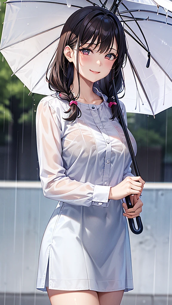 Viewer is in front,1 girl, various hairstyles, various hair colors, 20 years old, hair accessories, using an umbrella, makeup, (big breasts), smile, Park, raining, the weather is rainy,cowboy shot,Completely naked,Naked in the rain、Wet body、Watery eye、Crying face