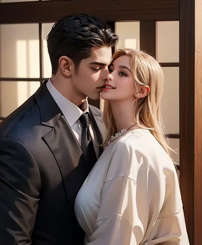 ((1 man and 1 )),suit,handsome,the little girlort,standing in the room,smiling,looking at each other,tall figure,masterpiece,wide angle,romance,kiss,sexual relationship,