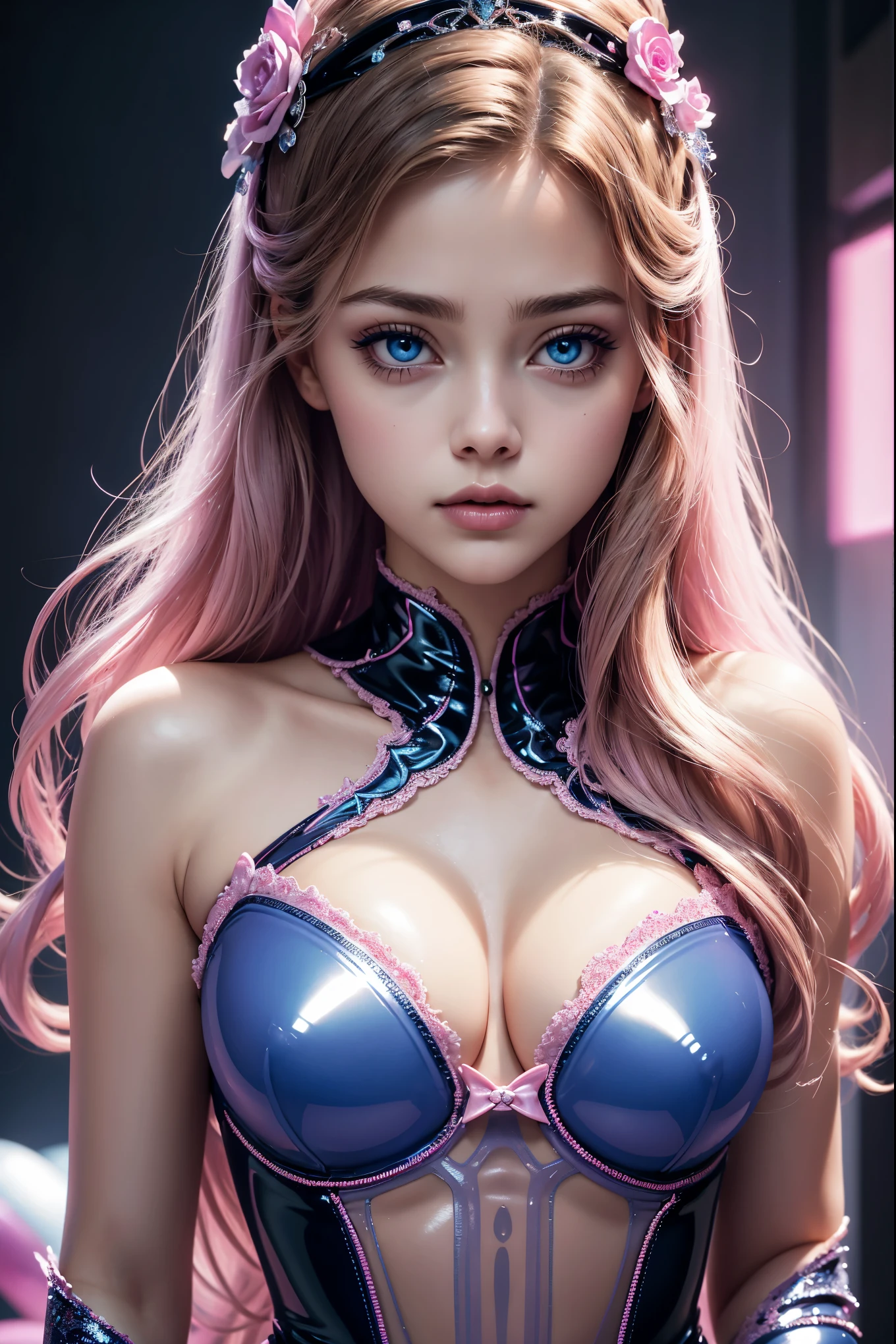 Josephine Langford, wearing princess latex sexy clothes transparent. professionally retouched, soft lighting, realistic, smooth face, perfect eyes, sharp focus on eyes, 8 k, high definition, insanely detailed, intricate, elegant. 
in a Playboy background. 3/4 length. circle gradient background pink to blue
pink and black colours.
cute, seductive, innocent, 
