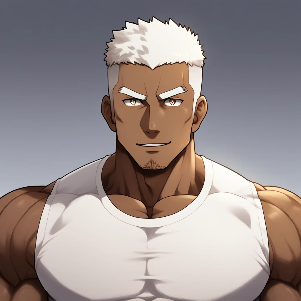 negro,negro,negro,anime characters:Gyee, Fitness coach, negro black skin, 1 muscular tough guy, Manliness, male focus, Cream White Sleeveless Tight T-Shirt, Very tight, The pectoral muscles are oversized, Slightly transparent, muscular male, muscular, only, Upper body, alone, White short hair, Thick eyebrows, stubble, Brown eyes, Grey background, simple background, amazing quality, best aesthetics, Ridiculous, bright pupils, crew cut, parted lips, seductive smile, torogao, naughty face, drop shadow, best quality