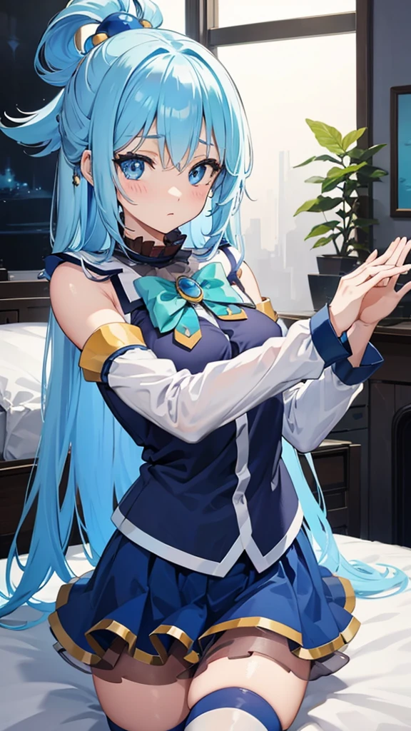 masterpiece, best quality, high resolution, unity 8k wallpaper, (illustration:1.1), ultra-detailed face, extremely detailed CG,
perfect anatomy, nice hands, perfect hands, 
Aqua, 
Aqua\(konosuba\), 
1girl, 
long hair, single hair ring, 
blue hair, 
(blue eyes:1.2), (beautiful detailed eyes:1.5), 
BREAK looking at viewer, 
blush, 
blue shirt, blue skirt, white thighhighs, bare shoulders, detached sleeves,
medium breasts, 
zettai ryouiki, 
green bow, 
cowboy shot, 
shoot from front,
perfect lighting,
BREAK background of indoor, on the bed, Spread legs,
