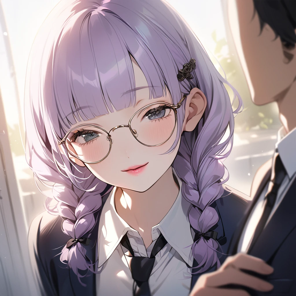 (Cute a girl:1.5), (masterpiece:1.3), anime visual, (school uniform Navy blazer, black ribbon tie, white blouse, checked skirt:1.3 ), (Lovey-dovey:1.5), (tilt head:1.3), extremely delicate face, soft clean focus, realistic lighting and shading, (an extremely delicate and beautiful art:1.3), elegant, (muted colors:1.1),(one girl with closs hair pin,pale purple hair,wavy two braids,blunt bangs hair,green and black eyes.pink lips:1.4), small breast,slim,a girl closed her eyes and opens her mouth and smiles happily,Slender,morning lit,Glasses, twin braids, men's suit, tie,