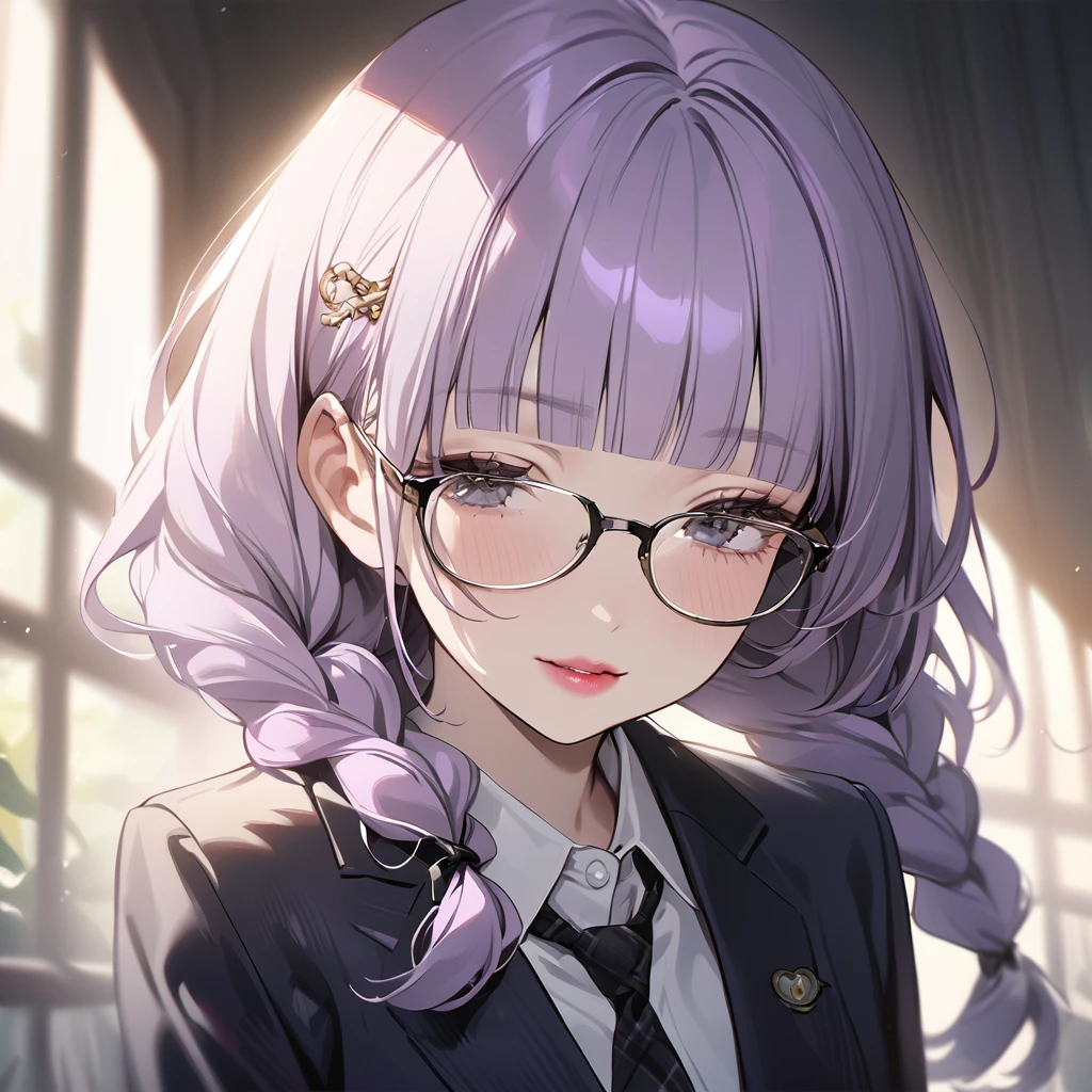 (Cute a girl:1.5), (masterpiece:1.3), anime visual, (school uniform Navy blazer, black ribbon tie, white blouse, checked skirt:1.3 ), (Lovey-dovey:1.5), (tilt head:1.3), extremely delicate face, soft clean focus, realistic lighting and shading, (an extremely delicate and beautiful art:1.3), elegant, (muted colors:1.1),(one girl with closs hair pin,pale purple hair,wavy two braids,blunt bangs hair,green and black eyes.pink lips:1.4), small ,slim,a girl closed her eyes and opens her mouth and smiles happily,Slender,morning lit,Glasses, twin braids, men's suit, tie,