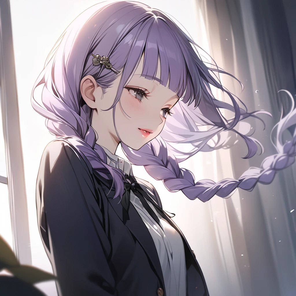 (Cute a girl:1.5), (masterpiece:1.3), anime visual, (school uniform Navy blazer, black ribbon tie, white blouse, checked skirt:1.3 ), (Lovey-dovey:1.5), (tilt head:1.3), extremely delicate face, soft clean focus, realistic lighting and shading, (an extremely delicate and beautiful art:1.3), elegant, (muted colors:1.1),(one girl with closs hair pin,pale purple hair,wavy two braids,blunt bangs hair,green and black eyes.pink lips:1.4), small breast,slim,a girl closed her eyes and opens her mouth and smiles happily,Slender,morning lit,Glasses, twin braids, men's suit, tie,