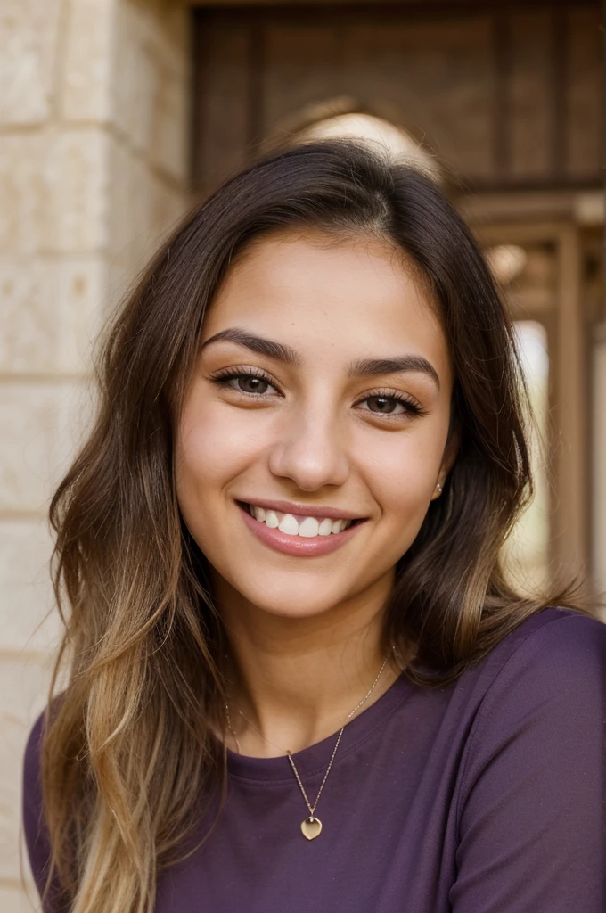 24YO,one attractive Jordanian women, purple shirt, cute smile, cute face, white teethes, skinny face, light brown eyes, small nose, black/blonde long hair