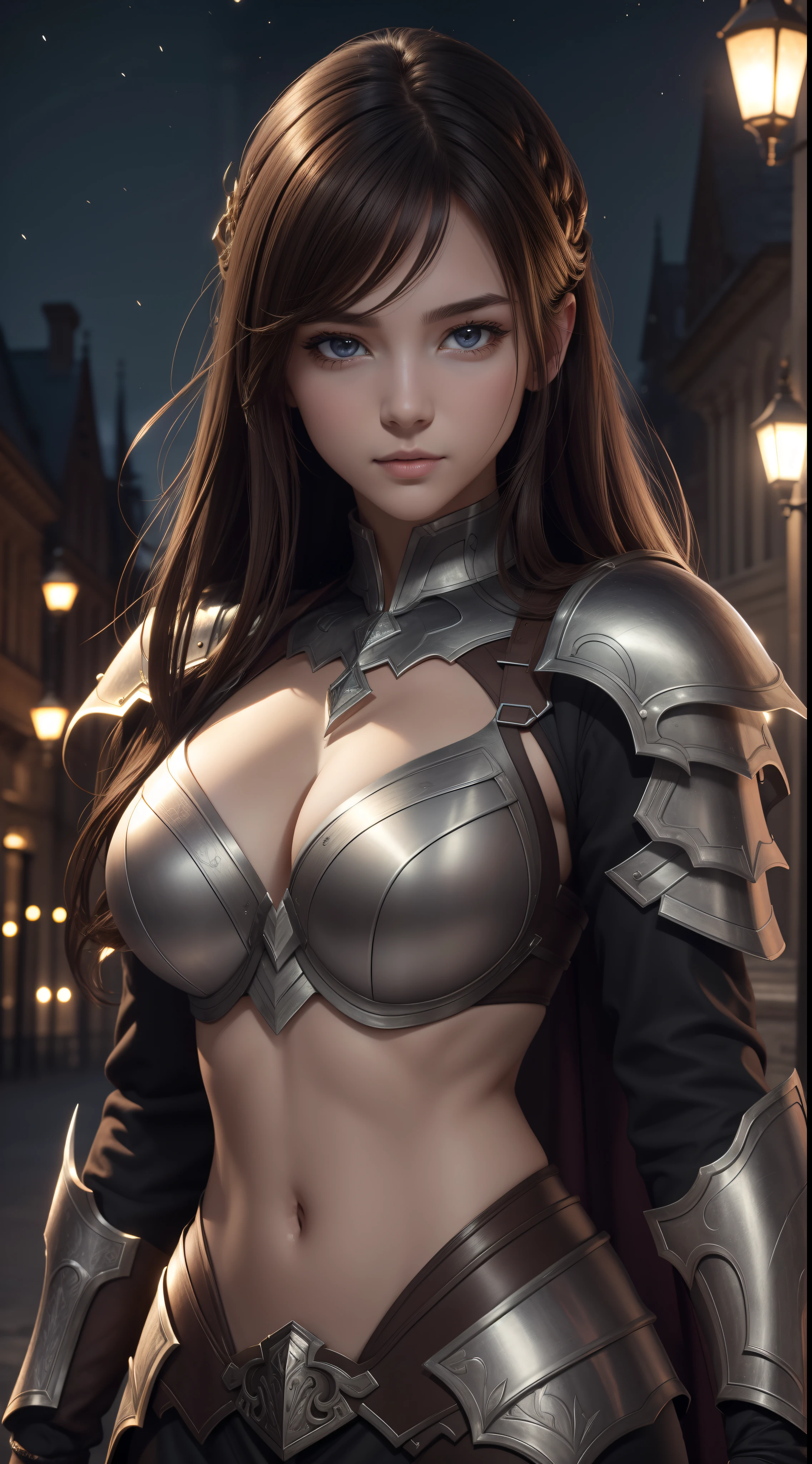 Realistic lighting, Top Quality, 8K resolution, (masterpiece: 1.3), (Clear focus: 1.2),1 Girl, Delicate face, Large double eyelids, Sexy look, Perfect body anatomy, (Perfect body: 1.6), (Large Chest 1.7), long, dark brown hair, (Best Breasts: 1.8), armor, Long knife, magic, exterior, (night: 1.1 ),1080p, Hyper HD, Texture Skin, Very detailed, Highest quality, High detail, Highest quality.