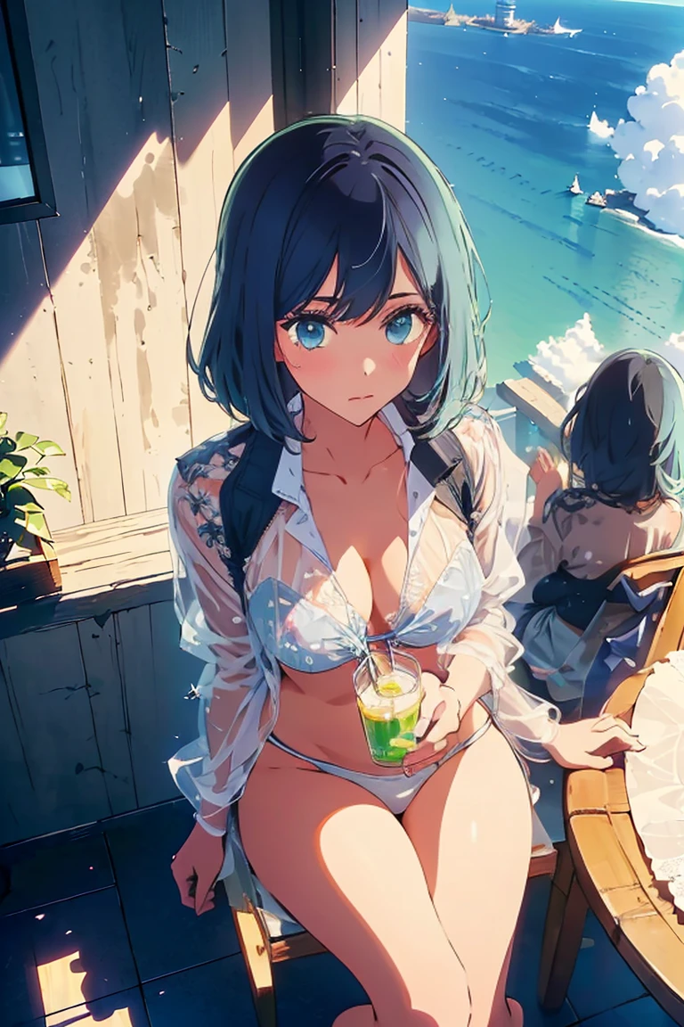 Highest quality,8k,detailed,F cup bust、Big Breasts、Slim and beautiful arms、Slim body、Very white beautiful skin、((((1 person、smile、Thin white lace bikini、smile、Sit on a chair、In the background are the urban buildings of Tokyo、Outdoor café terrace、juice、coastal、table、looking at the camera、Very cute face、Best Beautiful Legs、Shot from above、Take off your thin see-through jacket、Navy hair color))))、Sexy pose、Very blue sky、A completely cloudless sky、She tilted her head slightly、The atmosphere is bright and lively、The woman is at the center of the image。