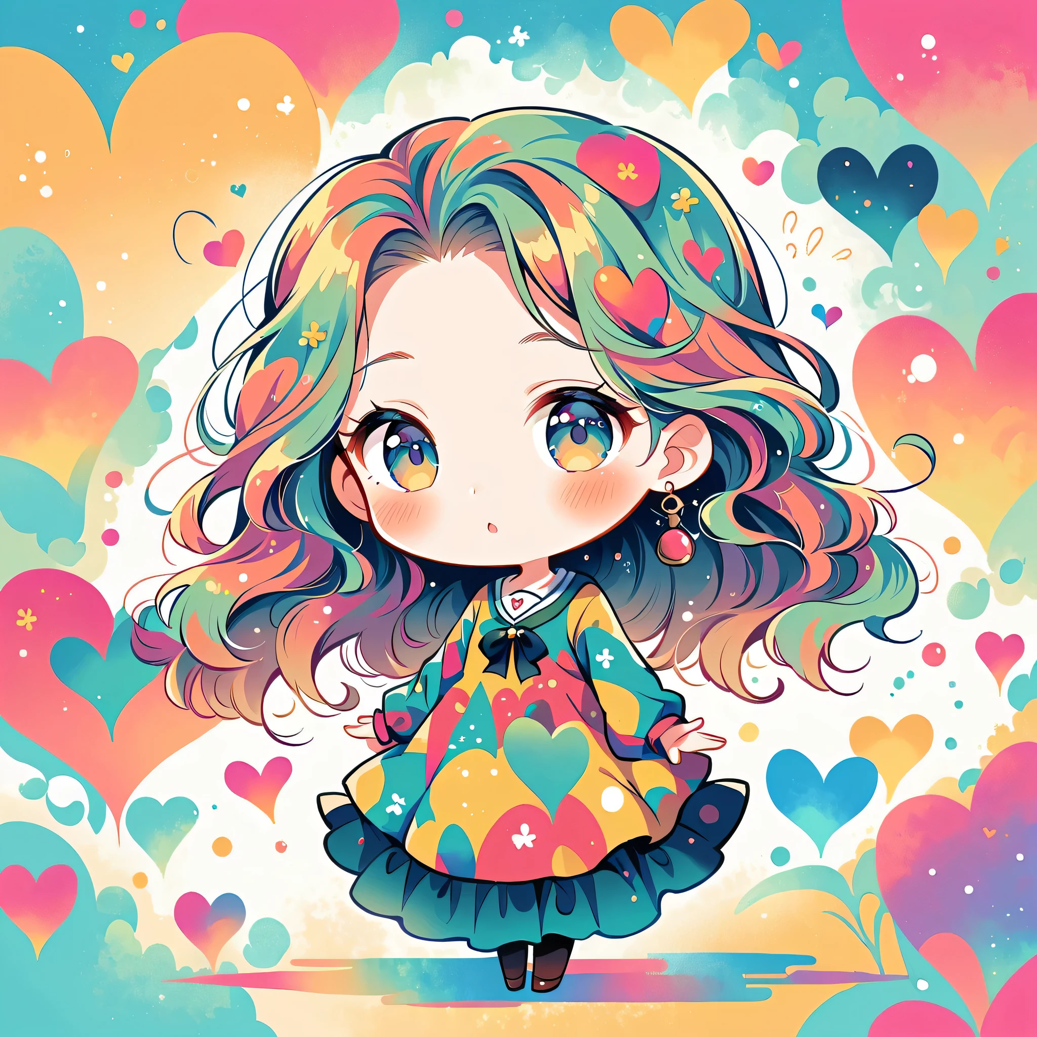 Seizo Watase style, Simple Line Initialism,Abstract art,Urban Background, colorful hearts ,(((The most beautiful girl of all time))), (((chibi))),