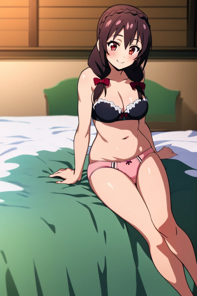 (masterpiece, Highest quality), One girl, Yunyun,Long Hair,Braiding,Twin tails,Hair between the eyes,Red hair ribbon,hair ornaments,large round breasts,、Black Hair、Red Eyes、(smile:1.2)、(Girl sitting on bed)、Crown Blade、(blush:1.2)、(Pink underwear:1.2)
