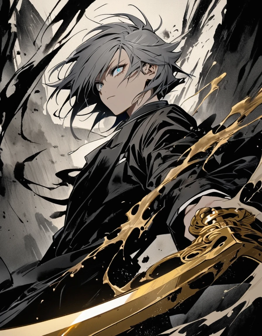 Short grey hair Sharp eyes　28 years old　Holding a golden long sword　Damaged black suit　Ink painting art　null

