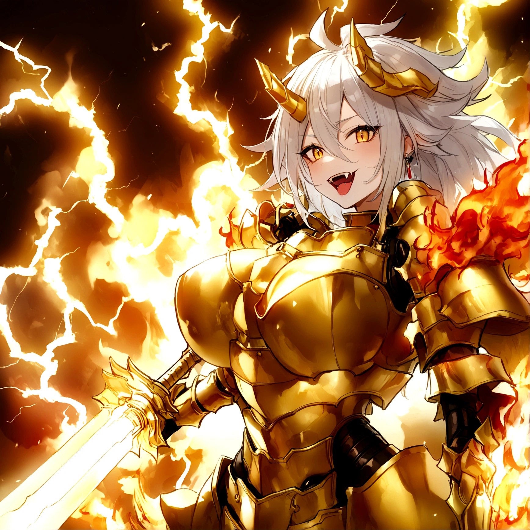 ((Lightning Power)), ((Electricity)), ((Fire Background)), ((Lightning Storm)), ((Power Erupting)), ((Explosion)), ((((android 21 Evil)))), (((white Coat))), (((Busty))), (((((Big breast:1,3)))), luxury bustier corset, (((silver hair))), (((Very slim waist))), propotional body, ((Gorgeous)), (((Fire Blazing Horns))), ((((gold wings))), masterpiece, hyperdetail, ambient effect, digital effect, (((Fangs))), (((FIRE SWORD)), (((Lightning Sword))), (((Fire Gold Armor))), (((Lightning Gold Wings)))