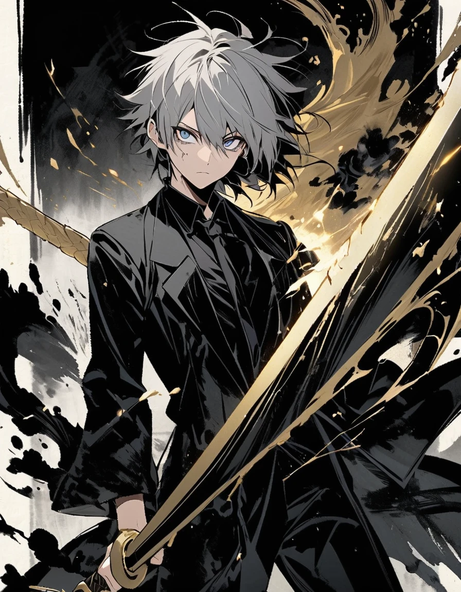 Short grey hair Sharp eyes 28 years old Holding a golden long sword Damaged black suit Ink painting art null