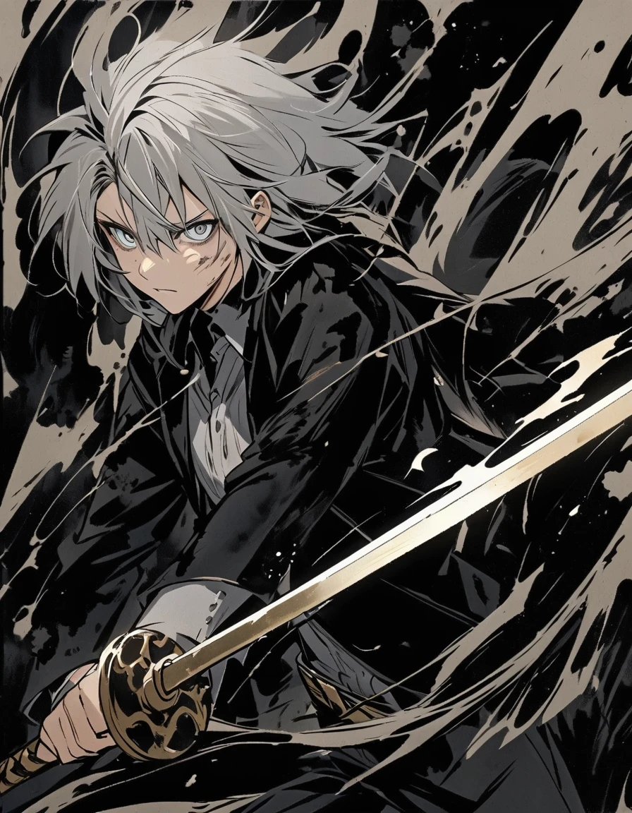 Short grey hair Sharp eyes 28 years old Holding a golden long sword Damaged black suit Ink painting art null