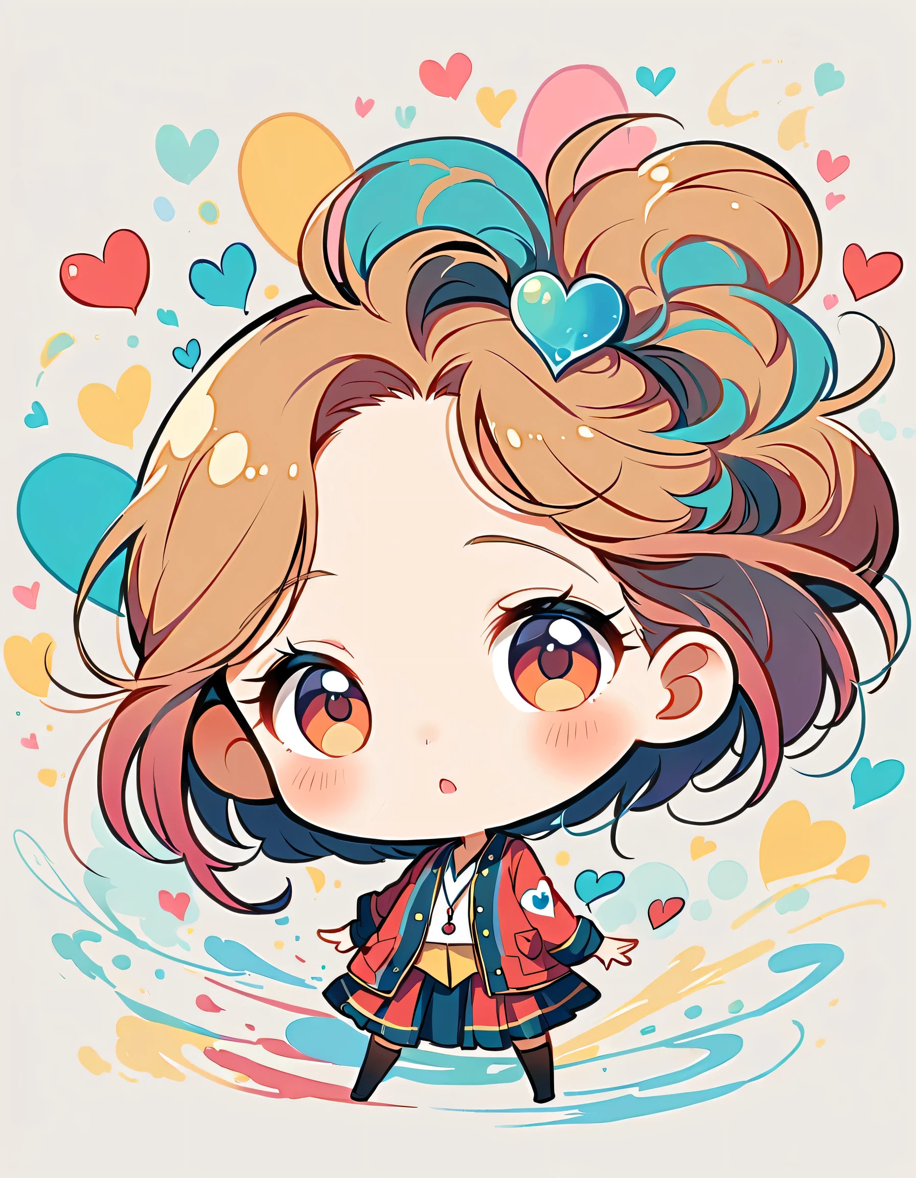 Takashi Murakami style, Simple Line Initialism,Abstract art,Urban Background, colorful hearts ,(((The most beautiful girl of all time))), (((chibi))),