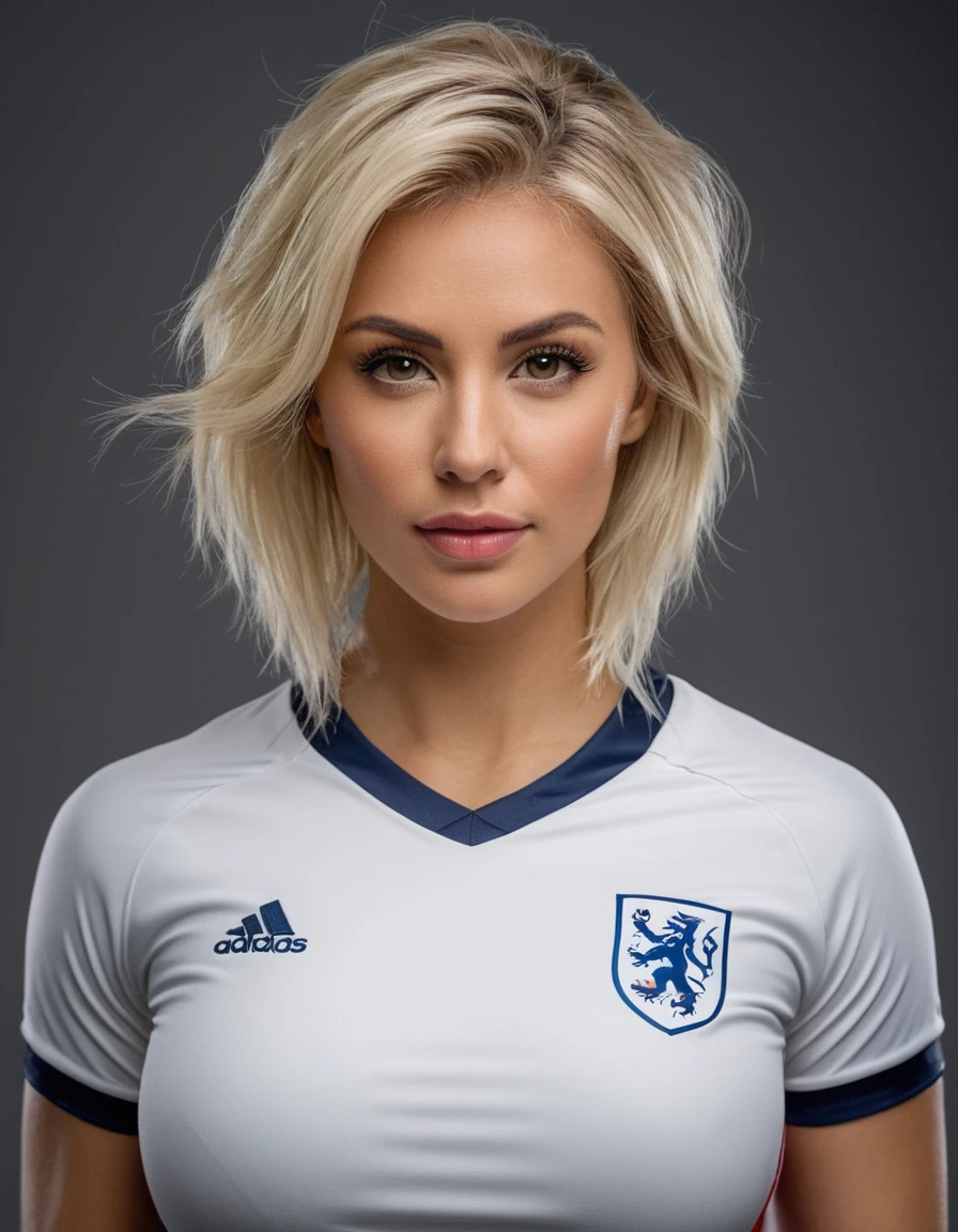 beautiful blonde woman wearing a tight England football shirt and gstring panties, full body picture, intricate detailed face, perfect body, athletic body, beautiful detailed eyes, beautiful detailed lips, long eyelashes, muscular athletic figure, dynamic action pose, (best quality,4k,8k,highres,masterpiece:1.2),ultra-detailed,(realistic,photorealistic,photo-realistic:1.37),HDR,UHD,studio lighting,ultra-fine painting,sharp focus,physically-based rendering,extreme detail description,professional,vivid colors,bokeh,sports,football,portrait, (messy bob hairstyle, white blond hair color), messy hairstyle, messy bob, messy hairstyle, white blond, 5 foot 3 inches tall, 110 pounds in weight, 34G breasts, large firm round breasts, very large breasts, cleavage, photorealistic, 4K, 8K, UHD, long shot, 