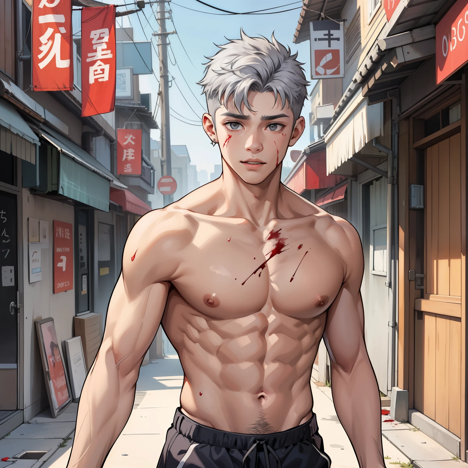 cute 16 year old boy gray eyes gray hair is bleeding on his head and on his chest he has been hit
