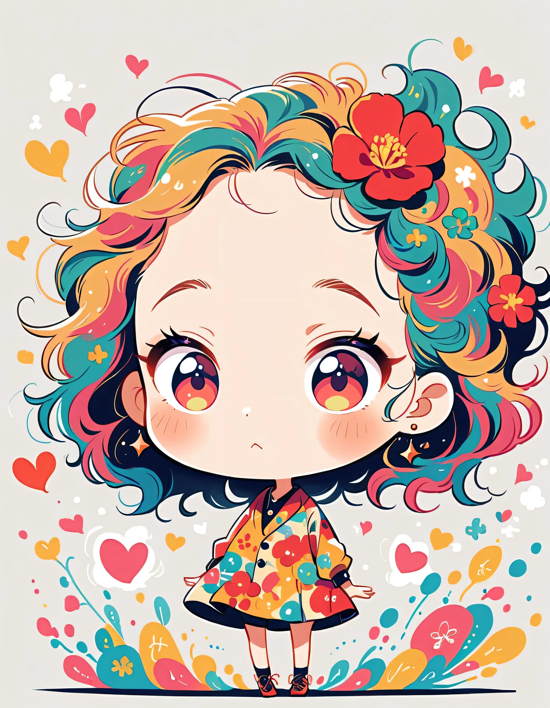 Takashi Murakami style, Simple Line Initialism,Abstract art,Urban Background, colorful hearts ,(((The most beautiful girl of all time))), (((chibi))),