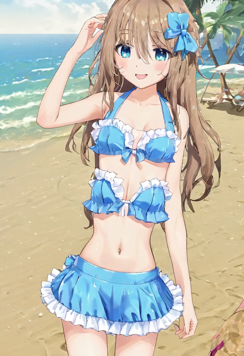 (masterpiece), best quality, 8k,(neuro-sama),(flat chest),fullbody,frilly bikini skirt, blue bikini,frilly bikini top,standing straight,beach,smiling,1girl,facing viewer,neuro_sama