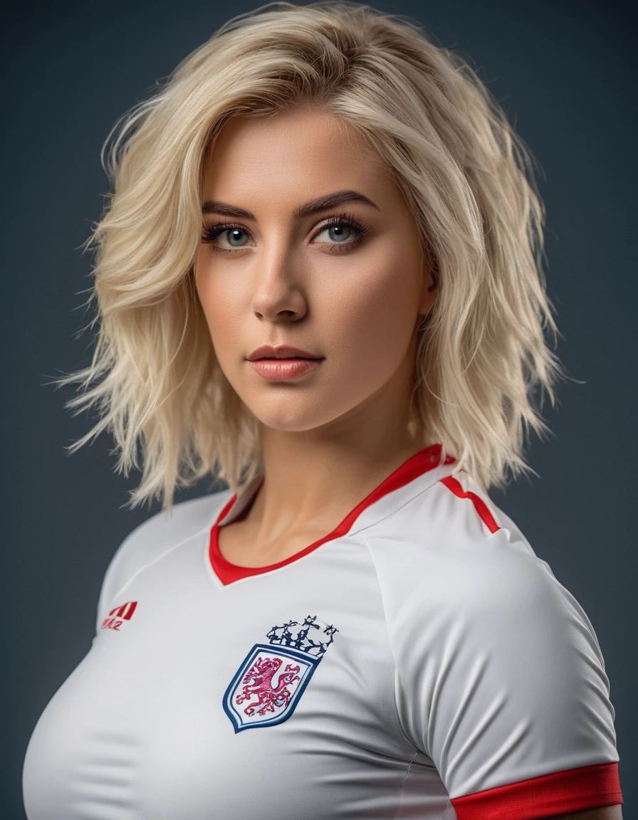 beautiful blonde woman wearing a tight England football shirt and gstring panties, full body picture, intricate detailed face, perfect body, athletic body, beautiful detailed eyes, beautiful detailed lips, long eyelashes, muscular athletic figure, dynamic action pose, (best quality,4k,8k,highres,masterpiece:1.2),ultra-detailed,(realistic,photorealistic,photo-realistic:1.37),HDR,UHD,studio lighting,ultra-fine painting,sharp focus,physically-based rendering,extreme detail description,professional,vivid colors,bokeh,sports,football,portrait, (messy bob hairstyle, white blond hair color), messy hairstyle, messy bob, messy hairstyle, white blond, 5 foot 3 inches tall, 110 pounds in weight, 34G breasts, large firm round breasts, very large breasts, cleavage, photorealistic, 4K, 8K, UHD, long shot,