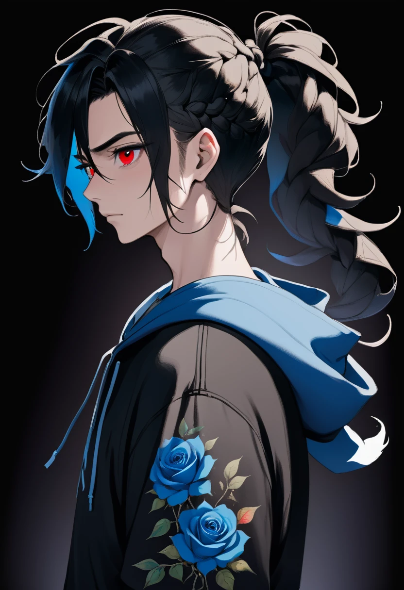 solo, handsome, Monochrome,watercolor,1 male, Ponytail, Braided black hair, red eyes, Gojo Satoru,casual,Blue Rose Tattoo,black Oversized hoodie,casual,Stylish,cool,
blackbackground,icon,Despise face up