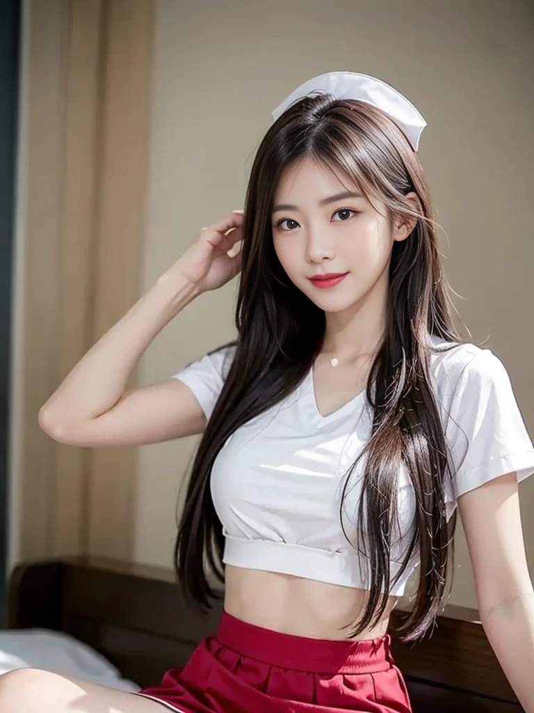 arafed asian woman in a white shirt wearing red bra inside and nurse skirt posing for a picture, a picture by Oliver Sin, trending on cg society, shin hanga, korean girl, gorgeous young korean woman, beautiful asian girl, beautiful south korean woman, gorgeous chinese model, young and cute girl, beautiful young korean woman, asian girl, wearing a red cute top, korean woman, smile, closed lips,