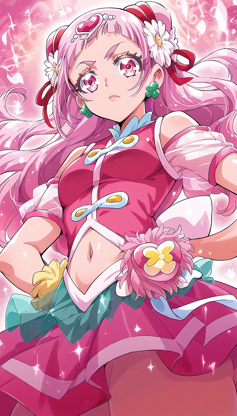 score_9, score_8_up, score_7_up, cure yell, night, ruined building, sparkles, glitters, multicolored background, shiny, glowing, lens flare, petals, pink background, pink theme,t-posing,from below,looking viewer,glossy lips ,serious face
