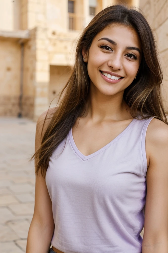 24YO,one attractive Jordanian women, purple shirt, cute smile, cute face, white teethes, skinny face, light brown eyes, small nose, black/blonde long hair