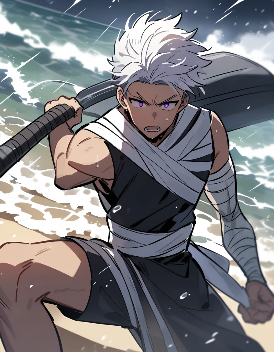 White-haired, violet-eyed Greek boy with one arm covered in bandages training hard on a shady beach during a strong storm