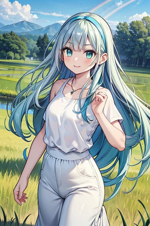 #Basics A girl is posing for a photo, animeのかわいい女の子, (((One Girl, Baby Face, ))),
BREAK
#Clothing Accessories
(White T-shirt:1.4 + (Light green knee-length wide pants:1.4) + sneakers),
(big silver necklace, Silver earrings),
BREAK
#Features
(Light blue hair:1.4, Bangs that expose the forehead:1.4, Chest-length sideburns, Long Hair : Hair fluttering in the wind + Very long hair + Curly, voluminous hair that spreads out to the sides, White Headband:1.4),
(Droopy eyes,blue eyes), (Small breasts),
BREAK
#expression
(smug face, Wicked Smile),
#background environment
((noon, Sunshine + Paddy field + Rural landscape + rainbow)),
#composition
(Face the viewer:1.4, Aggressive Pose, Cowboy Shot:1.4),
BREAK
#Body parts elements
(Beautiful Hair,Shiny Hair),
(double eyelid, Long eyelashes),
(Expression of fine eyes, Beautiful and delicate eyes, Sparkling eyes, Eye Reflexes),
(Human Ear),
(Beautiful Nose, Thin Nose),
(Glossy lips, Beautiful Lips, Thick lips), (Symmetrical facial features),
(Detailed skin, Textured skin, Beautiful Skin),
BREAK
#Quality
(((Highest quality)), ((masterpiece)), ((Very detailed))), ((High resolution), (16k,1080p)),
(Realistic), (Anatomically correct),
((comics, anime)), (3DCG), CG illustration,