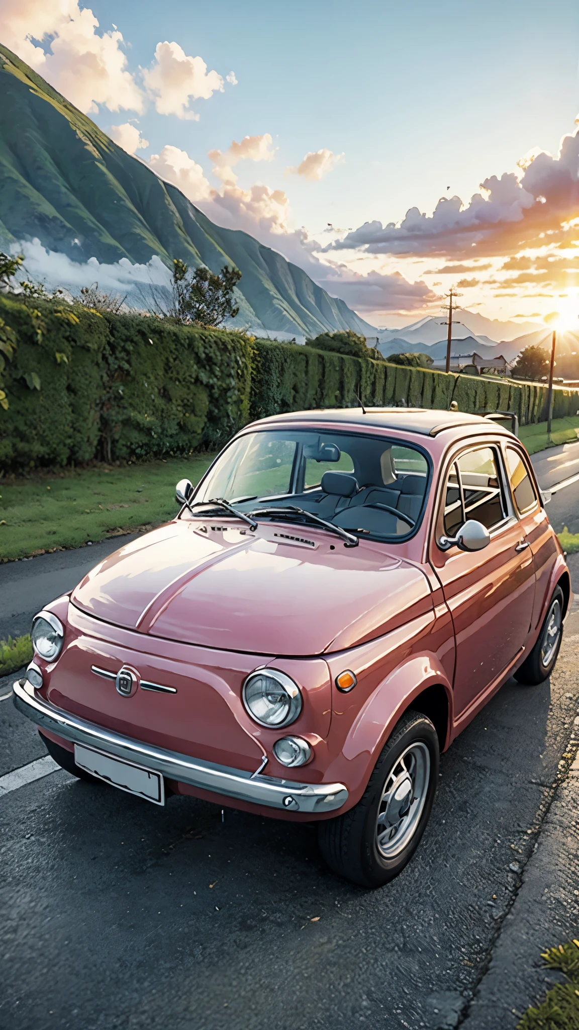 (masterpiece:1.2, Highest quality),(Very detailed),(((Anime Style))),8k,wallpaper,Fiat 500,Running Sunset,blue sky,(((Ghibli style)))