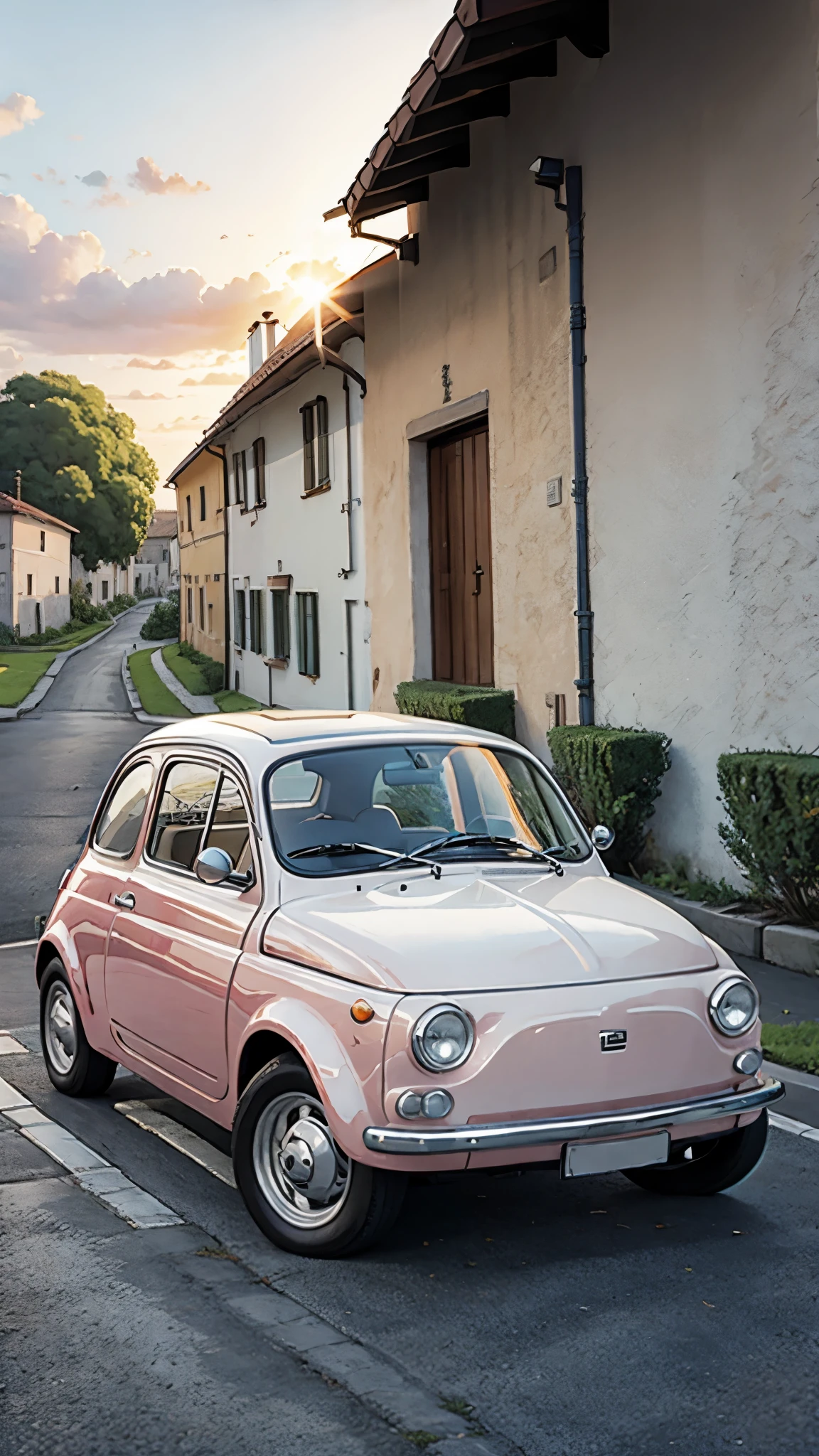 (masterpiece:1.2, Highest quality),(Very detailed),(((Anime Style))),8k,wallpaper,Fiat 500,Running Sunset,blue sky,(((Ghibli style)))
