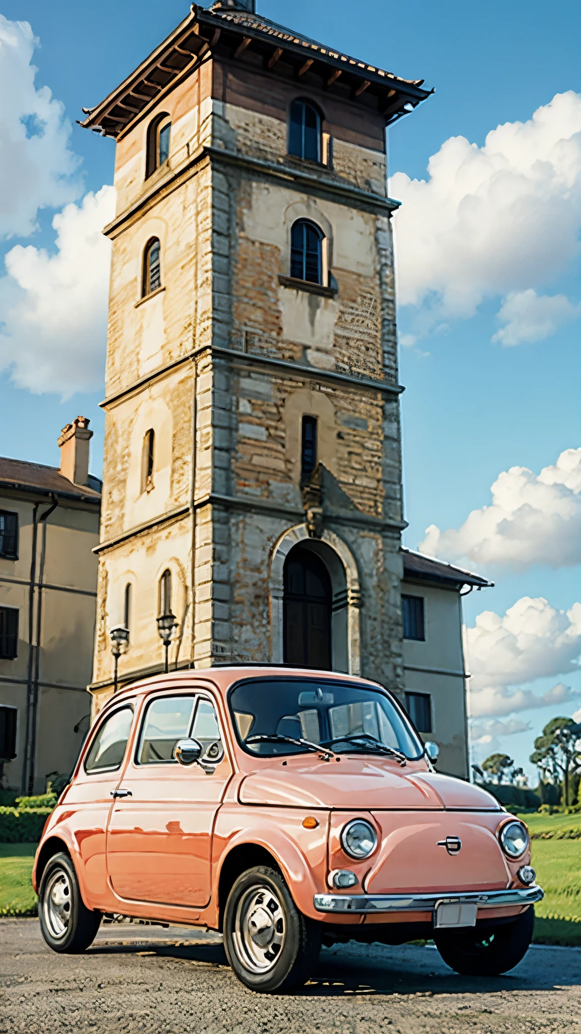 (masterpiece:1.2, Highest quality),(Very detailed),(((Anime Style))),8k,wallpaper,Fiat 500,Running Sunset,blue sky,(((Ghibli style)))