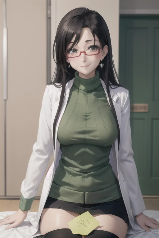 Highly detailed, High Quality, Masterpiece, beautiful, minazukikyouko, glasses, earrings, necklace, (green sweater:1.3), turtleneck, labcoat, black miniskirt, 1girl and 1boy, kabedon pov, looking at viewer, (seductive smile, blush:1.3)