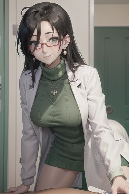 Highly detailed, High Quality, Masterpiece, beautiful, minazukikyouko, glasses, earrings, necklace, (green sweater:1.3), turtleneck, labcoat, black miniskirt, 1girl and 1boy, kabedon pov, looking at viewer, (seductive smile, blush:1.3)