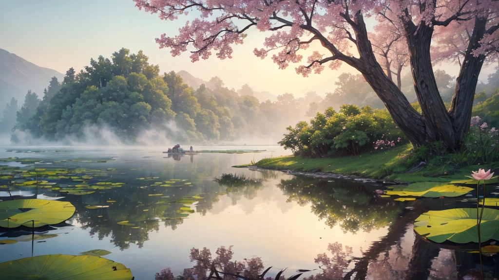 The photo depicts a peaceful scene with lotus flowers and lotus leaves on the water, perhaps a lotus pond. The air looks foggy, suggests a foggy early morning. Some pink lotus flowers are blooming, while the other flowers are still in bud form. Large green leaves float on the water, and there are reflections of flowers and leaves on the water. Rear, it looks like there is a willow tree hanging over the landscape, partly obscured by fog. This photo is interesting because it gives a feeling of peace and picturesqueness, evokes a feeling of stillness.