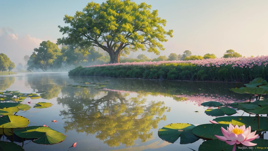 The photo depicts a peaceful scene with lotus flowers and lotus leaves on the water, perhaps a lotus pond. The air looks foggy, suggests a foggy early morning. Some pink lotus flowers are blooming, while the other flowers are still in bud form. Large green leaves float on the water, and there are reflections of flowers and leaves on the water. Rear, it looks like there is a willow tree hanging over the landscape, partly obscured by fog. This photo is interesting because it gives a feeling of peace and picturesqueness, evokes a feeling of stillness.