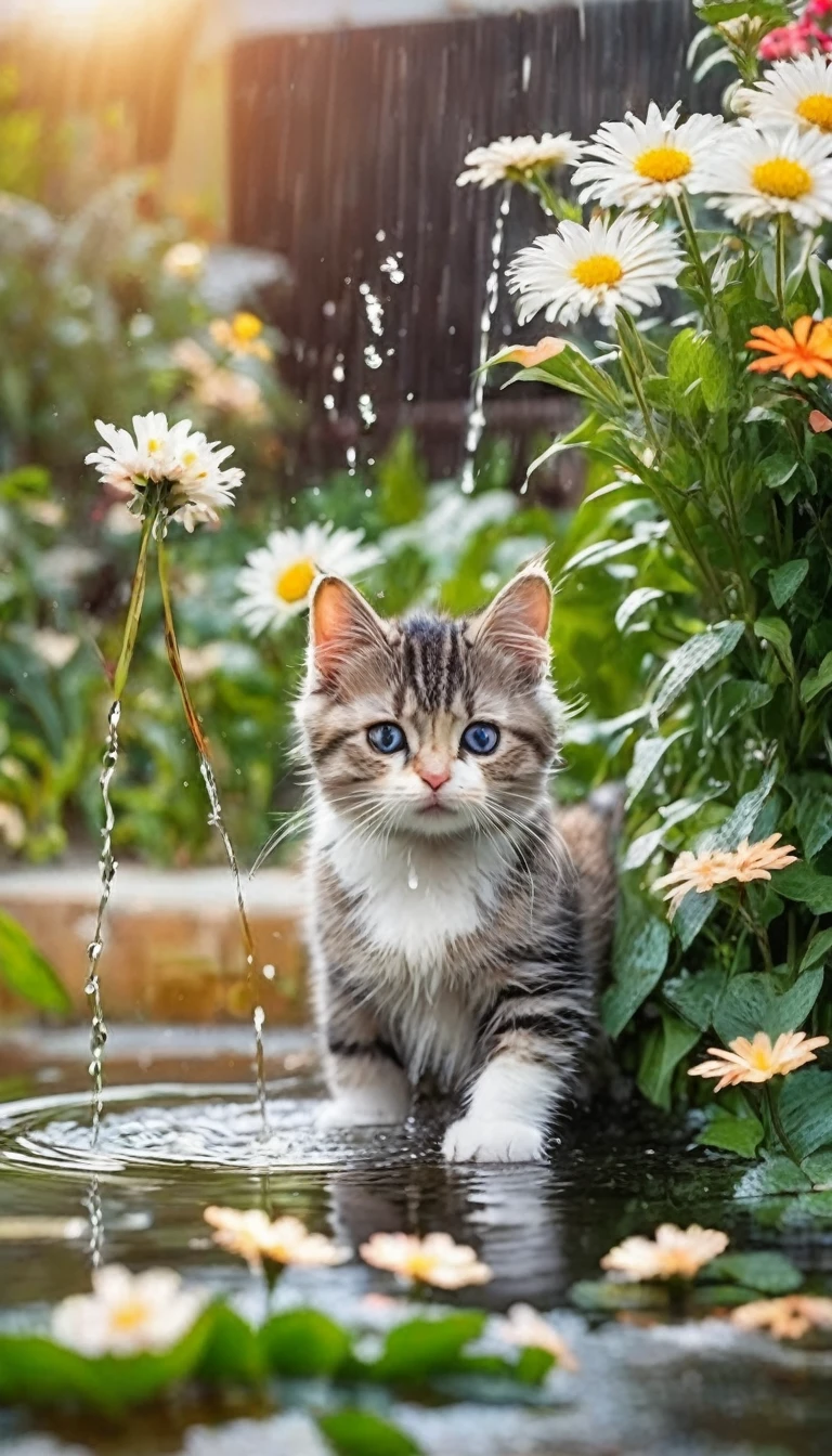 some adorable cats are playing water in the garden with amount flowers and trees in winter season