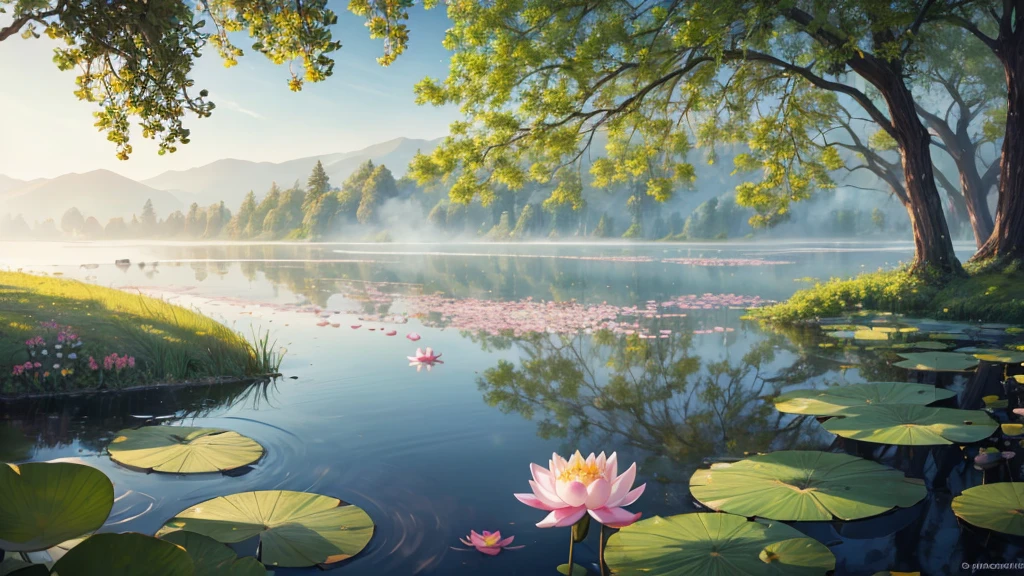 The photo depicts a peaceful scene with lotus flowers and lotus leaves on the water, perhaps a lotus pond. The air looks foggy, suggests a foggy early morning. Some pink lotus flowers are blooming, while the other flowers are still in bud form. Large green leaves float on the water, and there are reflections of flowers and leaves on the water. Rear, it looks like there is a willow tree hanging over the landscape, partly obscured by fog. This photo is interesting because it gives a feeling of peace and picturesqueness, evokes a feeling of stillness.